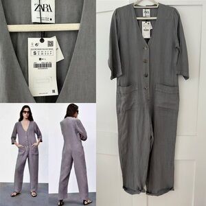 Zara NWT Lillian linen button front jumpsuit in Gray size Small